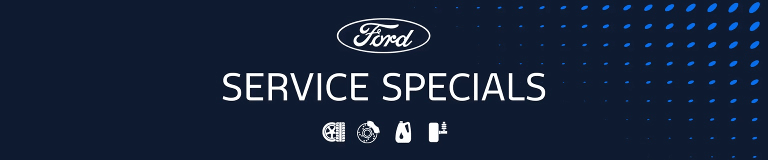 Ford service specials banner with icons for car maintenance, tire, oil, and battery.