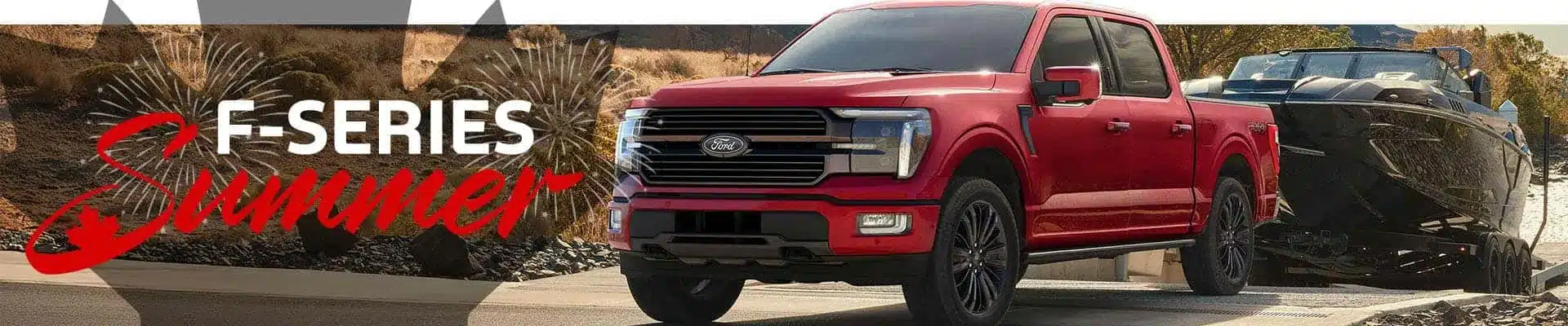 Red Ford F-Series truck towing a boat beside "F-Series Summer" text with fireworks graphic.