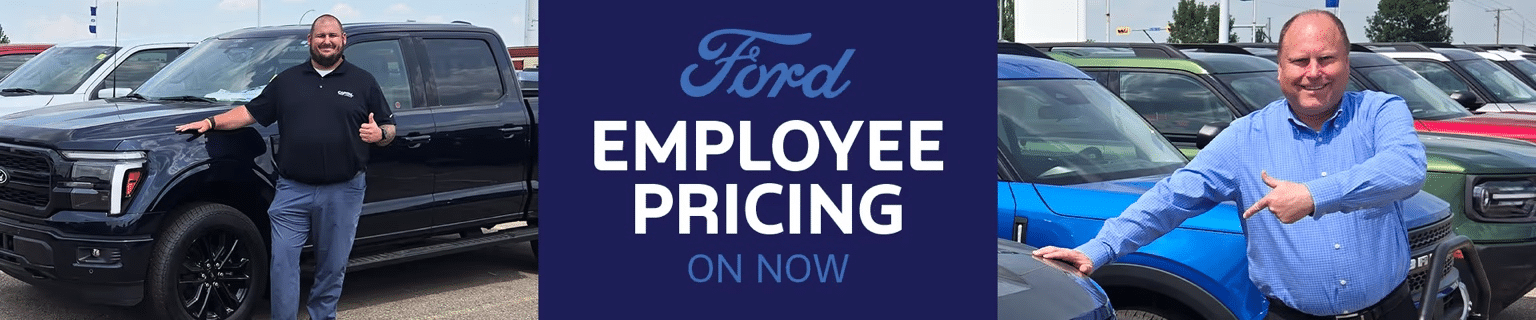 Men posing with Ford vehicles at a dealership, promoting "Ford Employee Pricing" event.