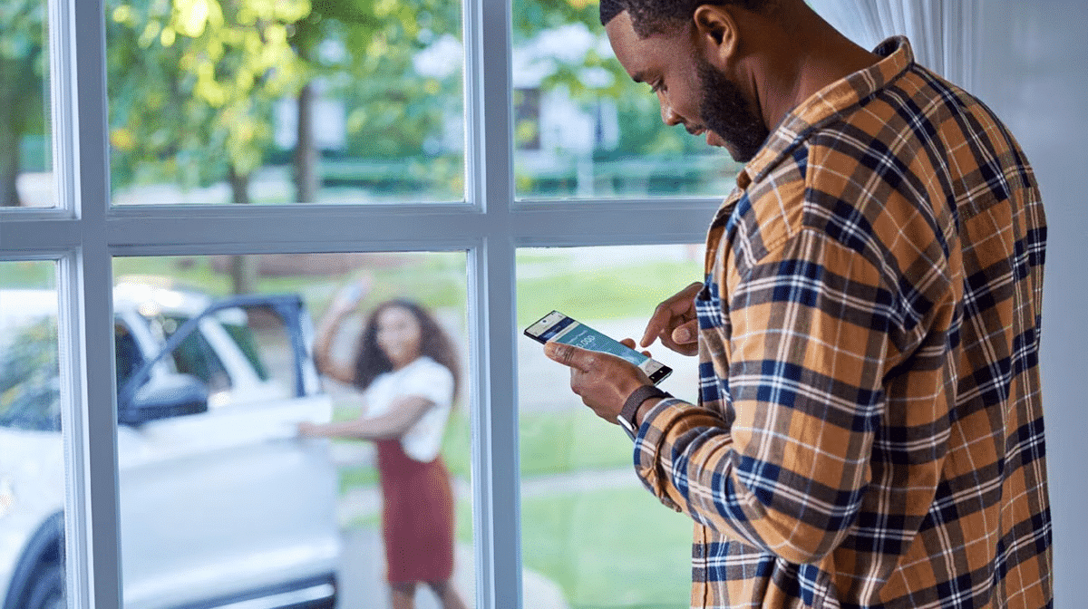 Man using smartphone near window, woman waving from white car outside on a sunny day.