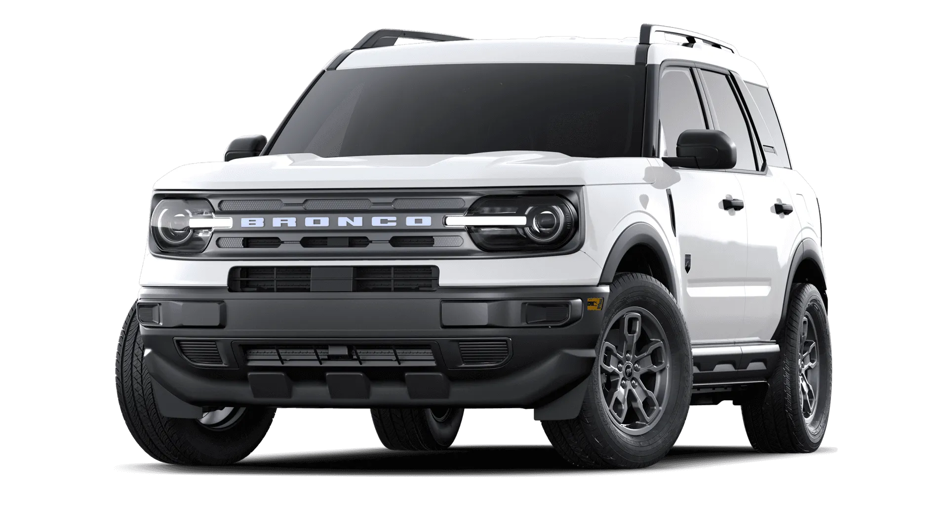 White SUV with "Bronco" on the grille, featuring rugged design and modern headlights.