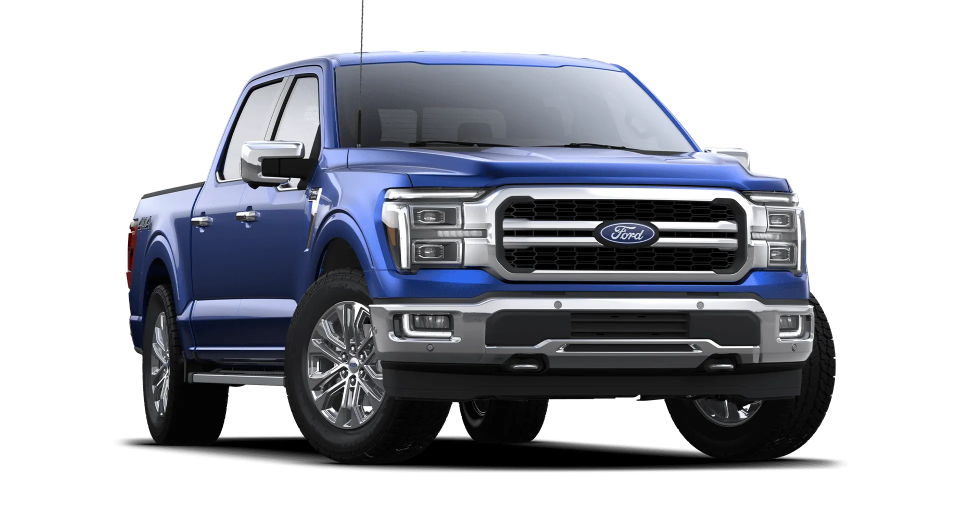 Blue Ford pickup truck, front-side view, featuring chrome accents and large wheels.