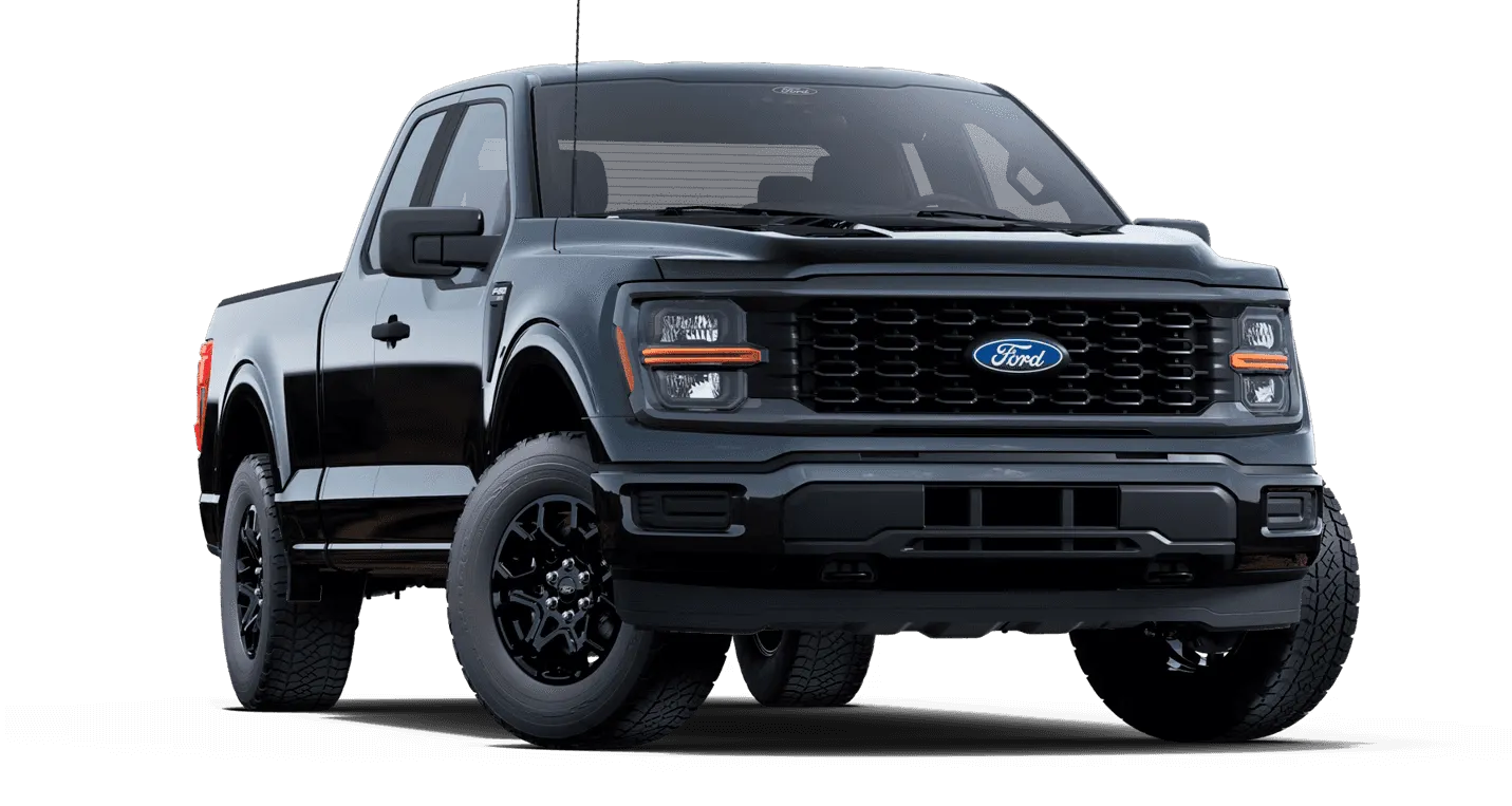 Black Ford F-150 pickup truck with rugged design and prominent grille on a white background.