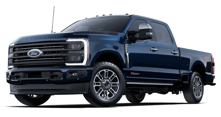 Blue Ford pickup truck with chrome accents and rugged design, featuring large wheels.