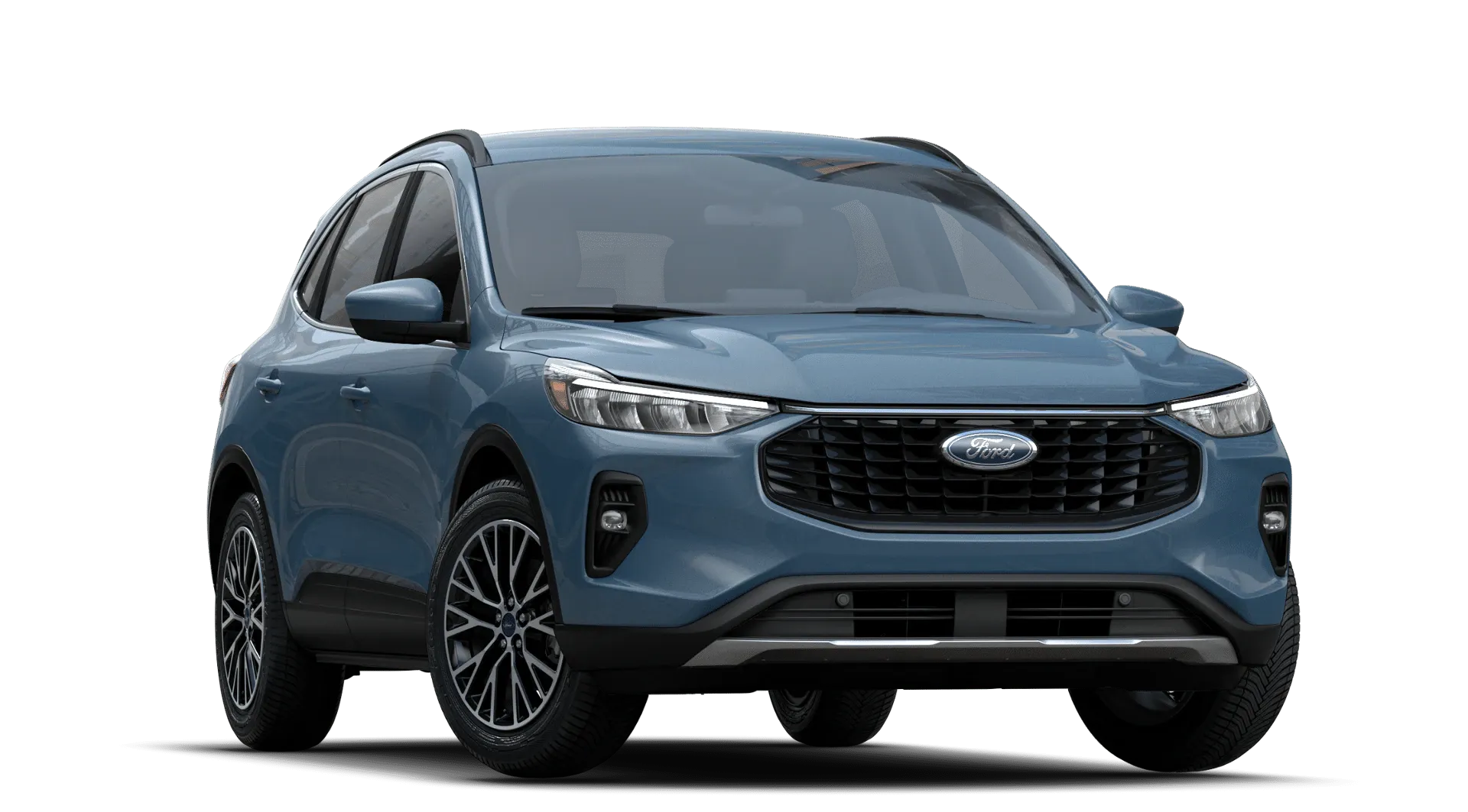 Blue Ford SUV with sleek design and modern grille, viewed from the front angle.
