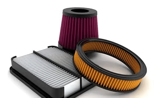 Various car air filters, including panel and cone types, displayed against a white background.