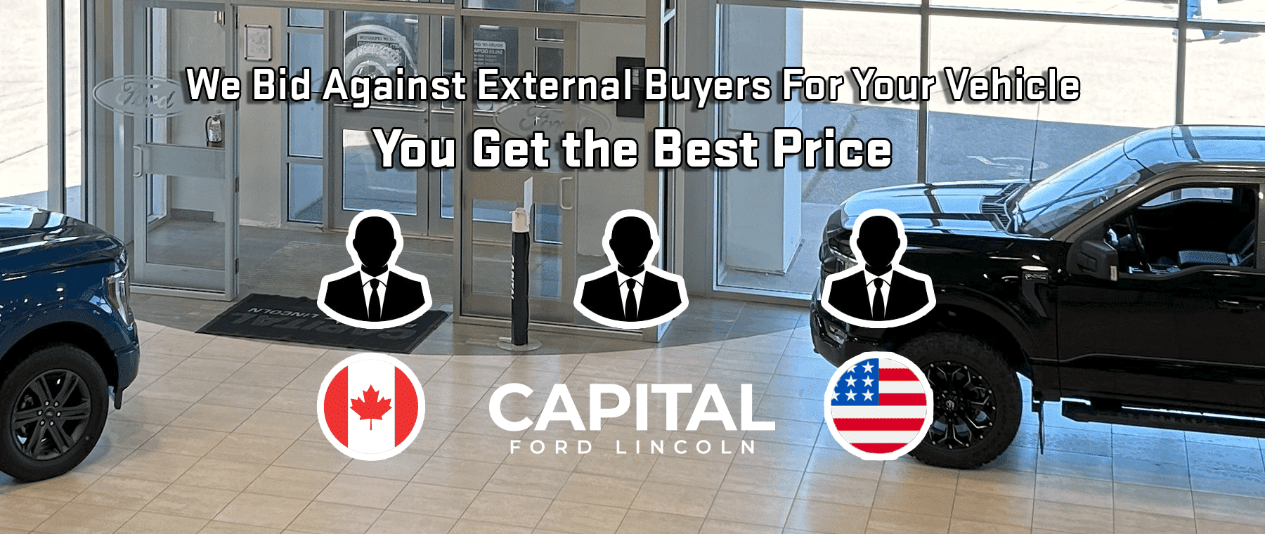 Ford dealership showroom with trucks and text promoting competitive vehicle bidding for best prices.