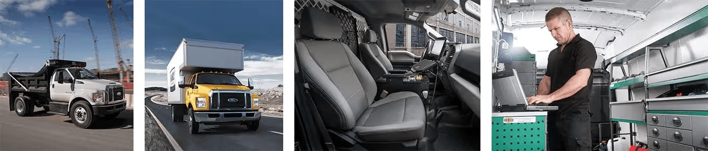 Construction trucks, truck interior, and a technician working inside a van with organized tools.