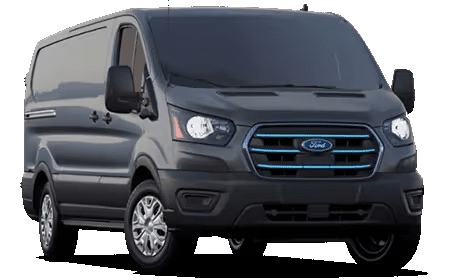 Dark gray Ford Transit van with blue accents, front view, highlighting headlights and grille design.
