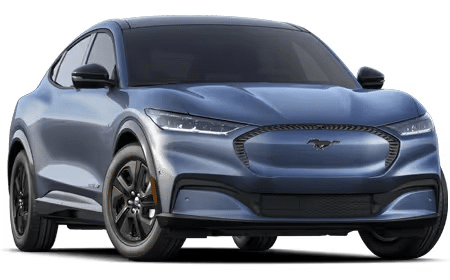 Blue electric SUV with sleek design, black wheels, and prominent front grille, viewed from the front.