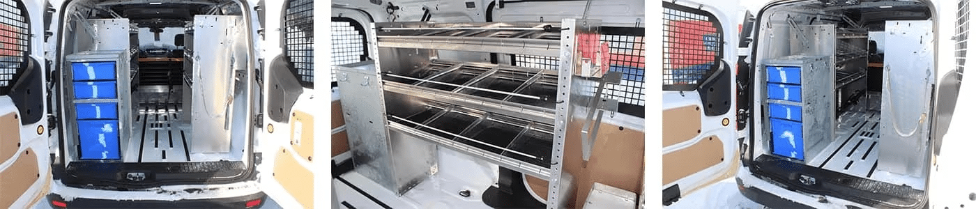 Commercial van interior with blue storage bins and metal shelving units installed.