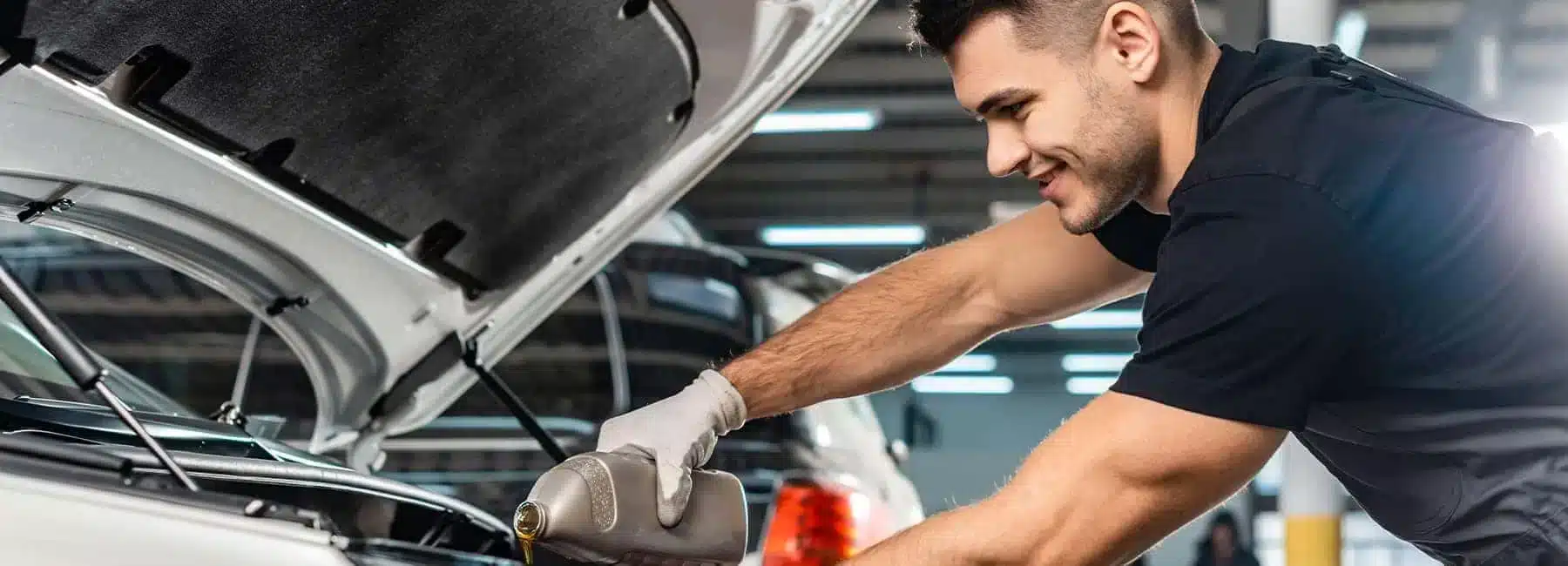 Mechanic pouring oil into a car engine, smiling, in a garage setting.