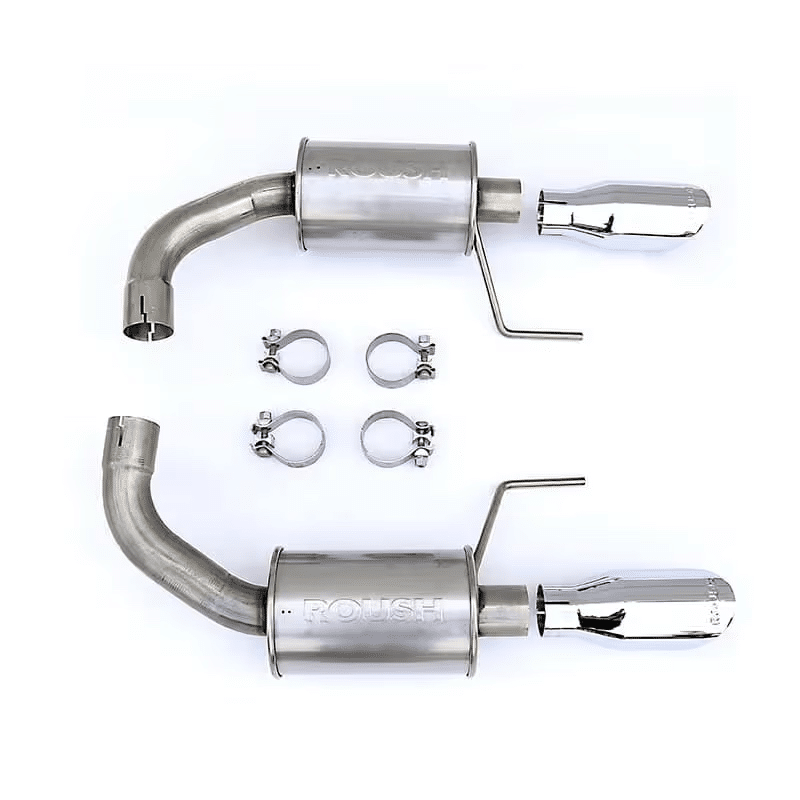 Roush performance exhaust system with clamps, featuring polished chrome tips and stainless steel tubing.