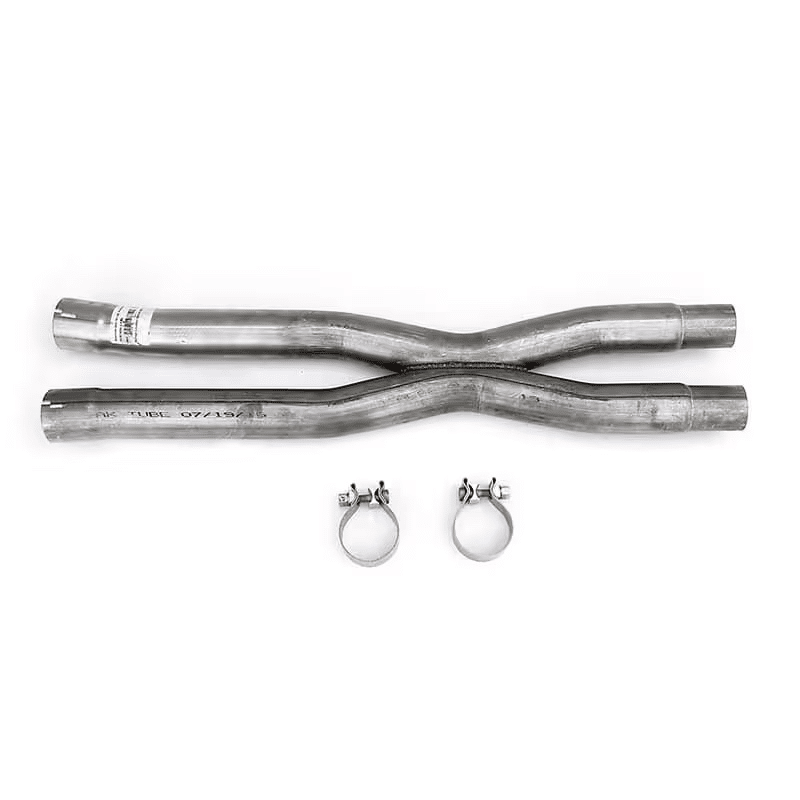 Steel crossover exhaust pipes with two clamps, used for automotive applications.
