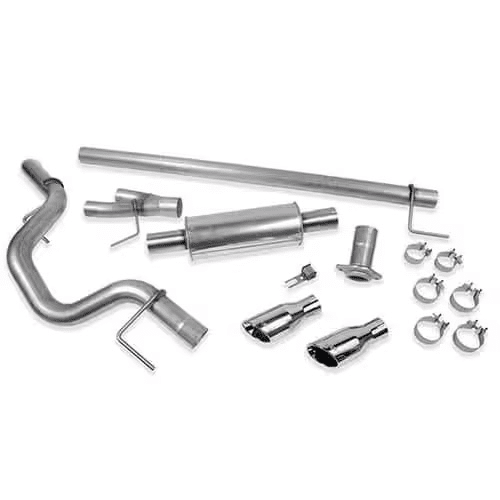 Stainless steel car exhaust system kit with pipes, muffler, and clamps. Automotive parts.