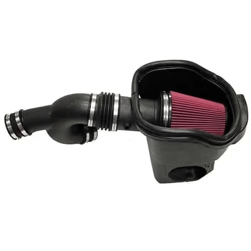 High-performance car air intake system featuring a red filter, black tubing, and heat shield.