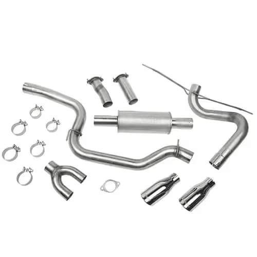 Set of exhaust system components with pipes, clamps, and a muffler for vehicle installation.