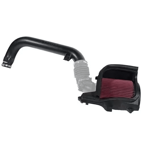 Cold air intake system with a curved black pipe and red air filter, enhancing vehicle performance.