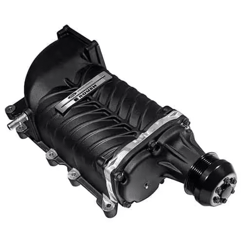Black Roush supercharger for automotive engines, featuring a detailed and robust design.