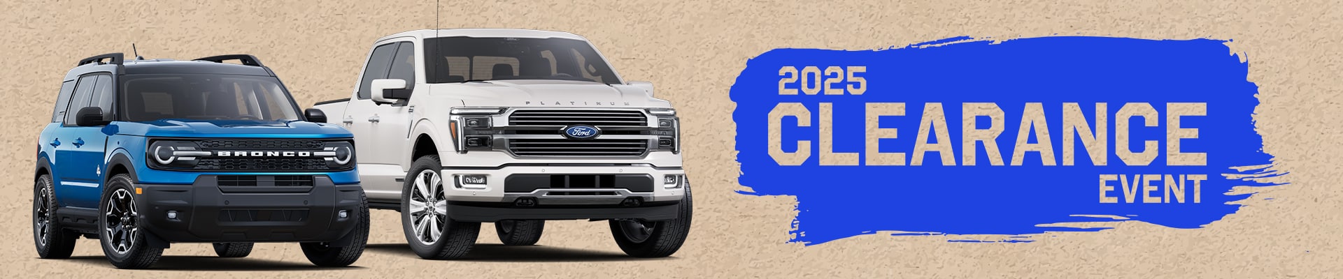 Blue SUV and white pickup truck promoting the "2025 Clearance Event" on a textured background.