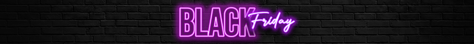 Neon "Black Friday" text on a black brick wall background.