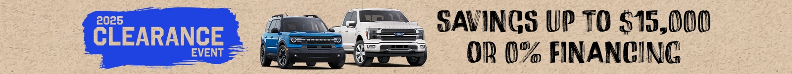 2025 clearance event banner featuring SUVs with savings up to $15,000 or 0% financing.