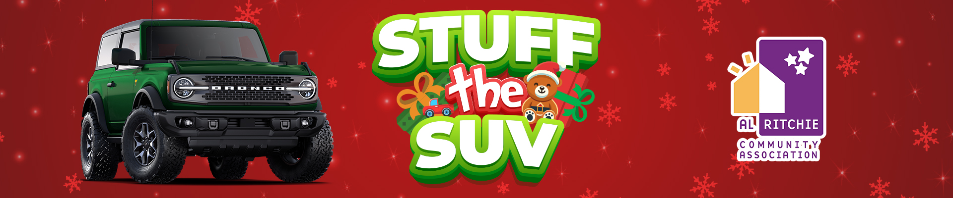 Green SUV next to "Stuff the SUV" with holiday theme and Al Ritchie Community Association logo.