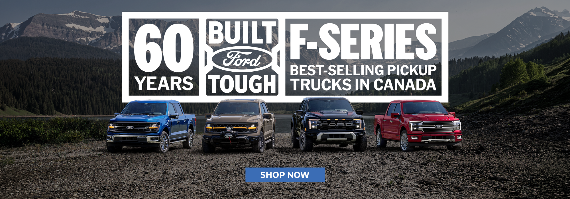 Ford F-Series trucks displayed against mountains, celebrating 60 years as Canada's top-selling pickups.