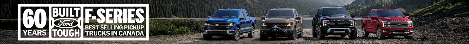 Ford F-Series trucks on gravel road with forest backdrop. Text highlights 60 years as Canada's best-selling pickup.