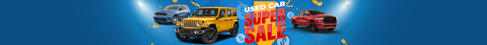Used car super sale banner with blue, yellow, and red vehicles on a blue background.