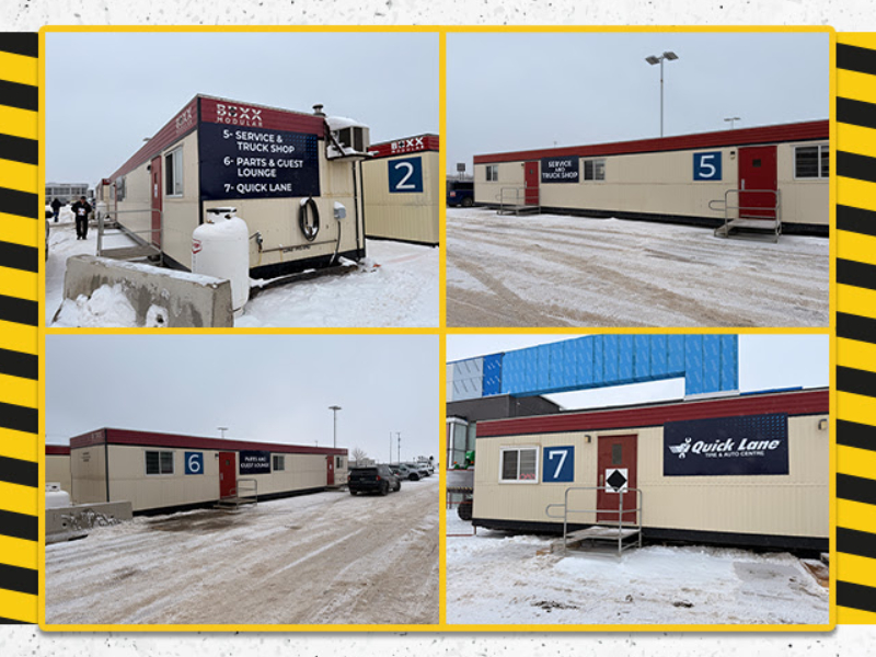 Collage of four temporary service buildings in a snowy lot, with signs indicating truck shop and quick lane services.