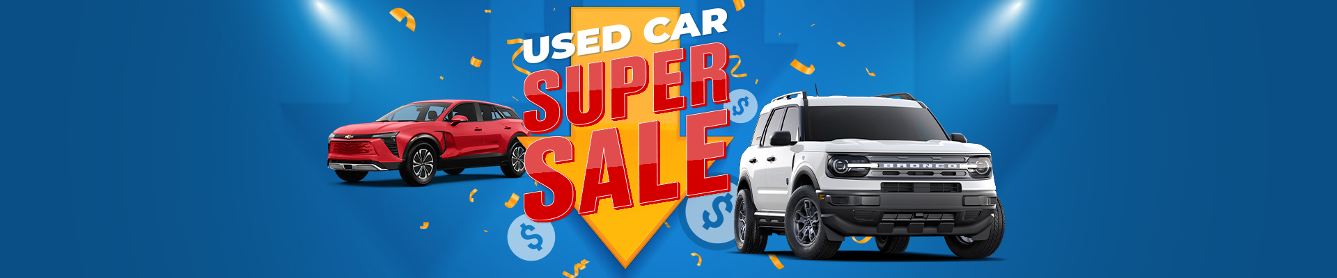 Used car super sale banner with red and white SUVs on a blue background.