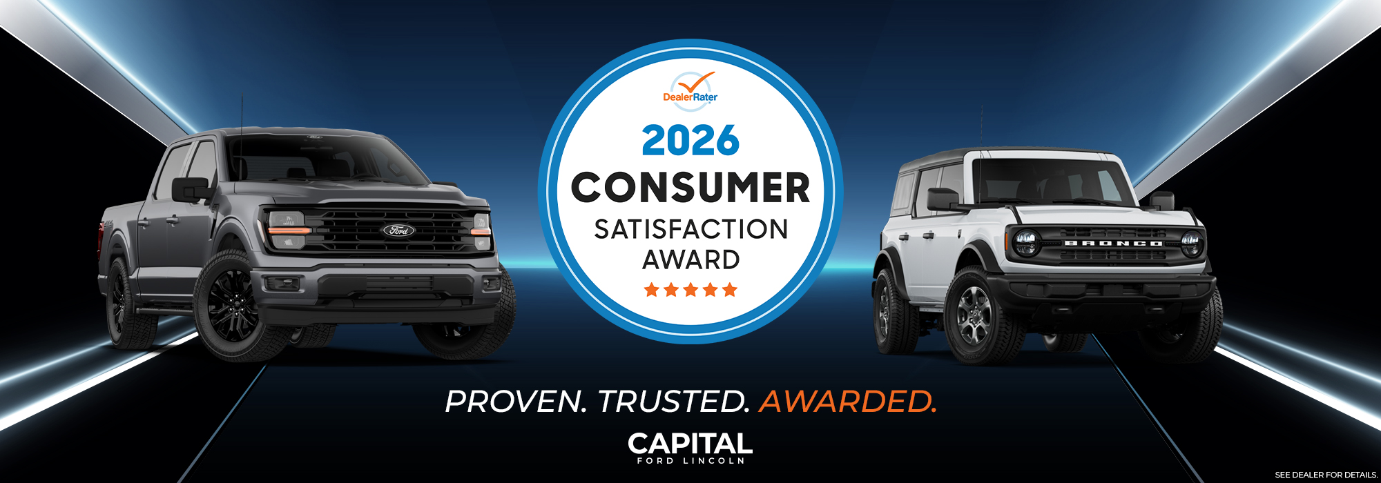 Ford models flanking 2026 Consumer Satisfaction Award emblem. Text: "Proven. Trusted. Awarded."