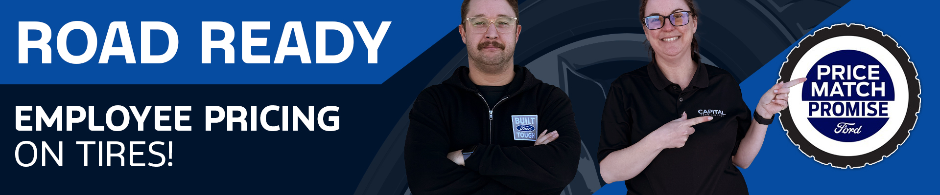 Ford service specials banner with icons for car maintenance, tire, oil, and battery.