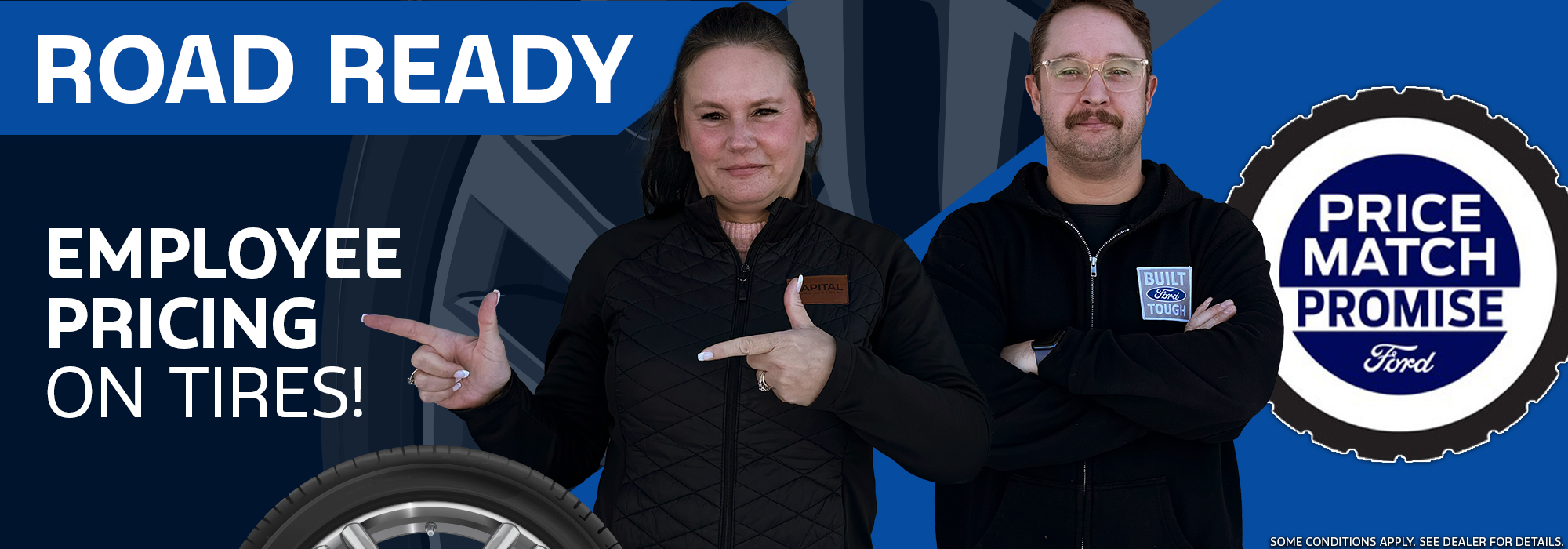Two people promoting Ford's employee pricing on tires with a price match promise badge.
