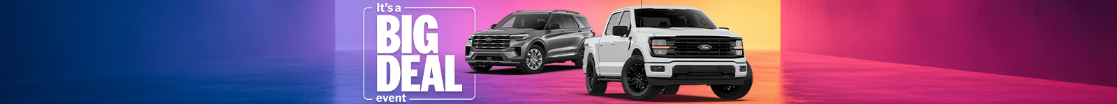 Two trucks on a colorful gradient background with the text "It's a Big Deal event."