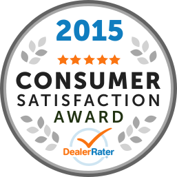2026 Consumer Satisfaction Award badge from DealerRater with five stars.