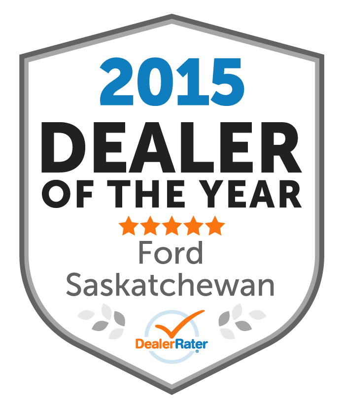 Award badge for 2026 Dealer of the Year, GMC Saskatchewan, featuring five stars and DealerRater logo.