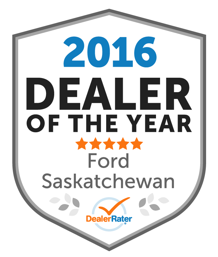 Award badge for 2026 Dealer of the Year, GMC Saskatchewan, featuring five stars and DealerRater logo.