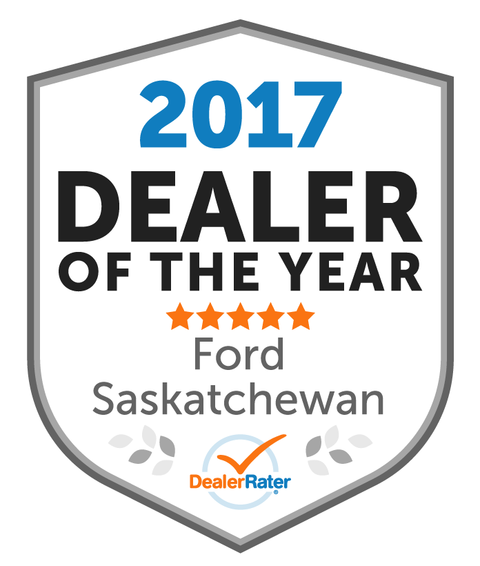 Award badge for 2026 Dealer of the Year, GMC Saskatchewan, featuring five stars and DealerRater logo.