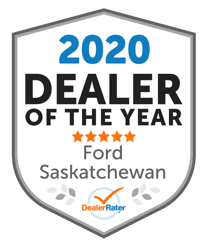 Award badge for 2026 Dealer of the Year, GMC Saskatchewan, featuring five stars and DealerRater logo.