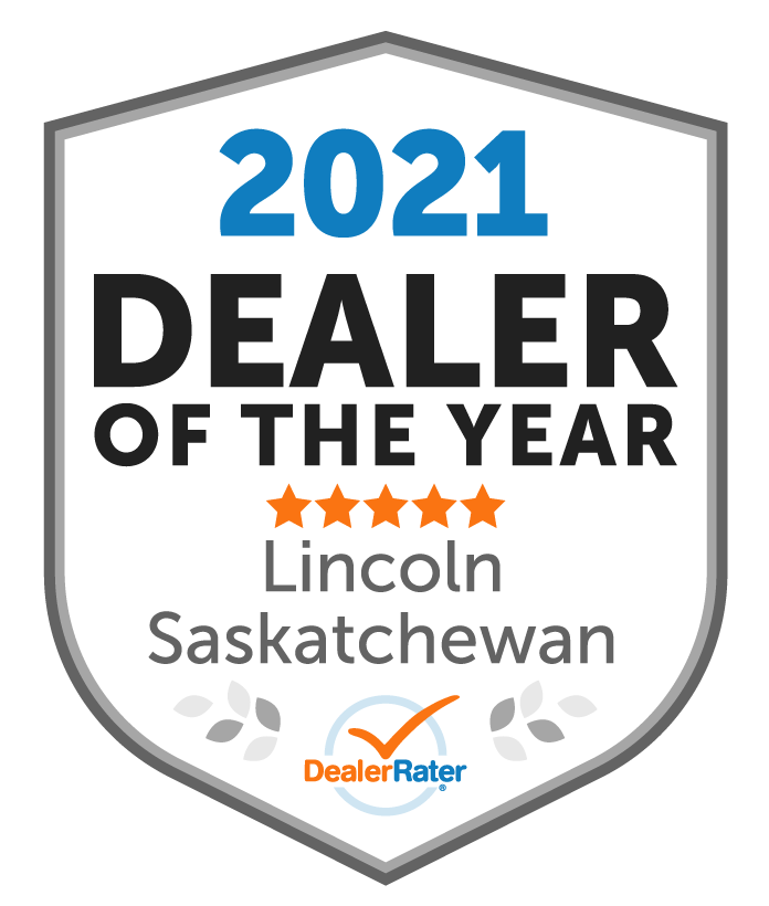 Award badge for 2026 Dealer of the Year, GMC Saskatchewan, featuring five stars and DealerRater logo.