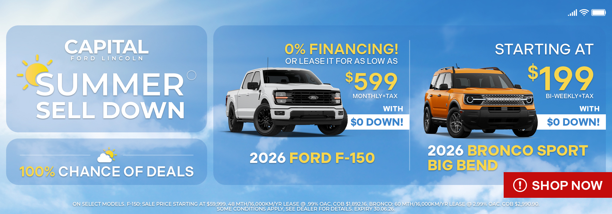 Capital Ford Lincoln Summer Sell Down ad with 2026 Ford F-150 and Bronco Sport offers.